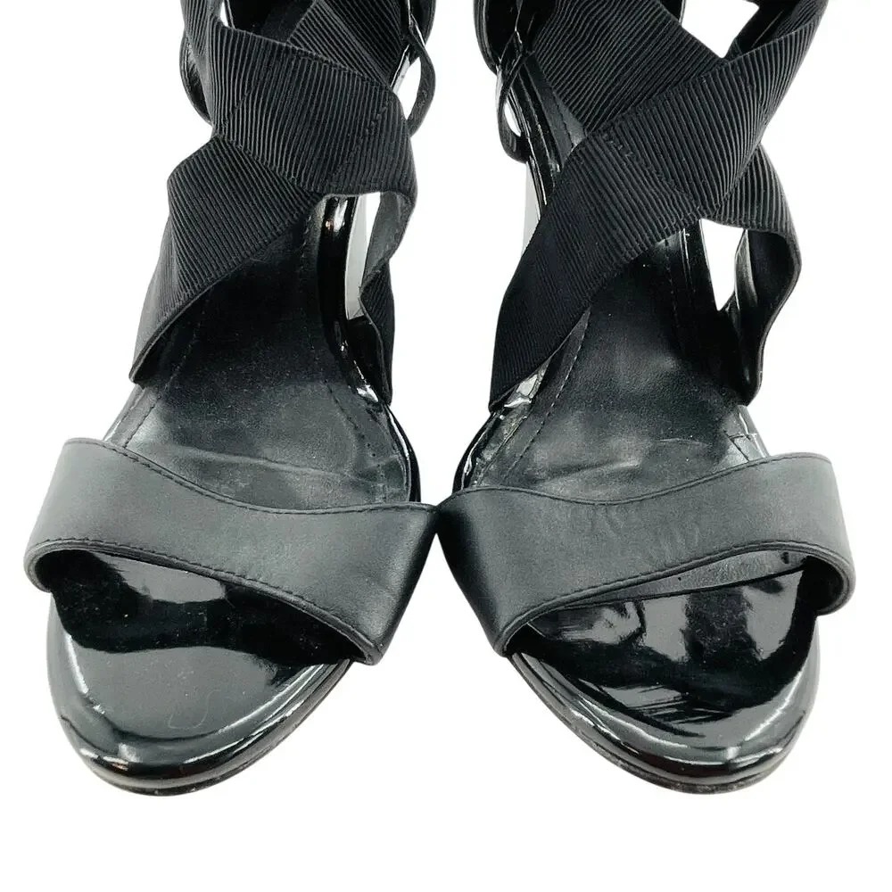 WHBM Black Leather Strappy Career Chic Zip Back Elastic Ankle Wedge Heel 9.5